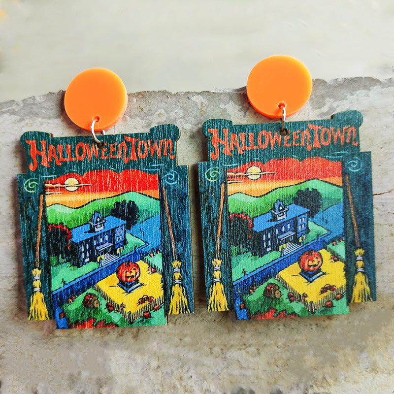 Wholesale 2pairs/pack Wooden Halloween Rainbow Pumpkin Earrings